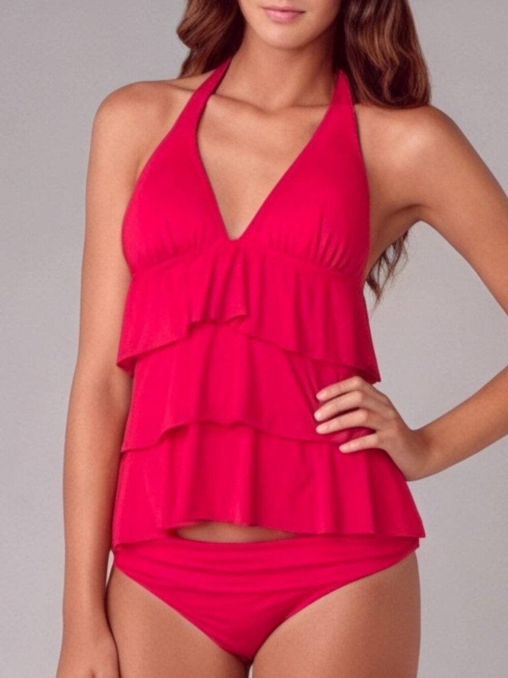 Kenneth Cole Large Tiered Ruffle Halter Tankini SET Pink  NEW
